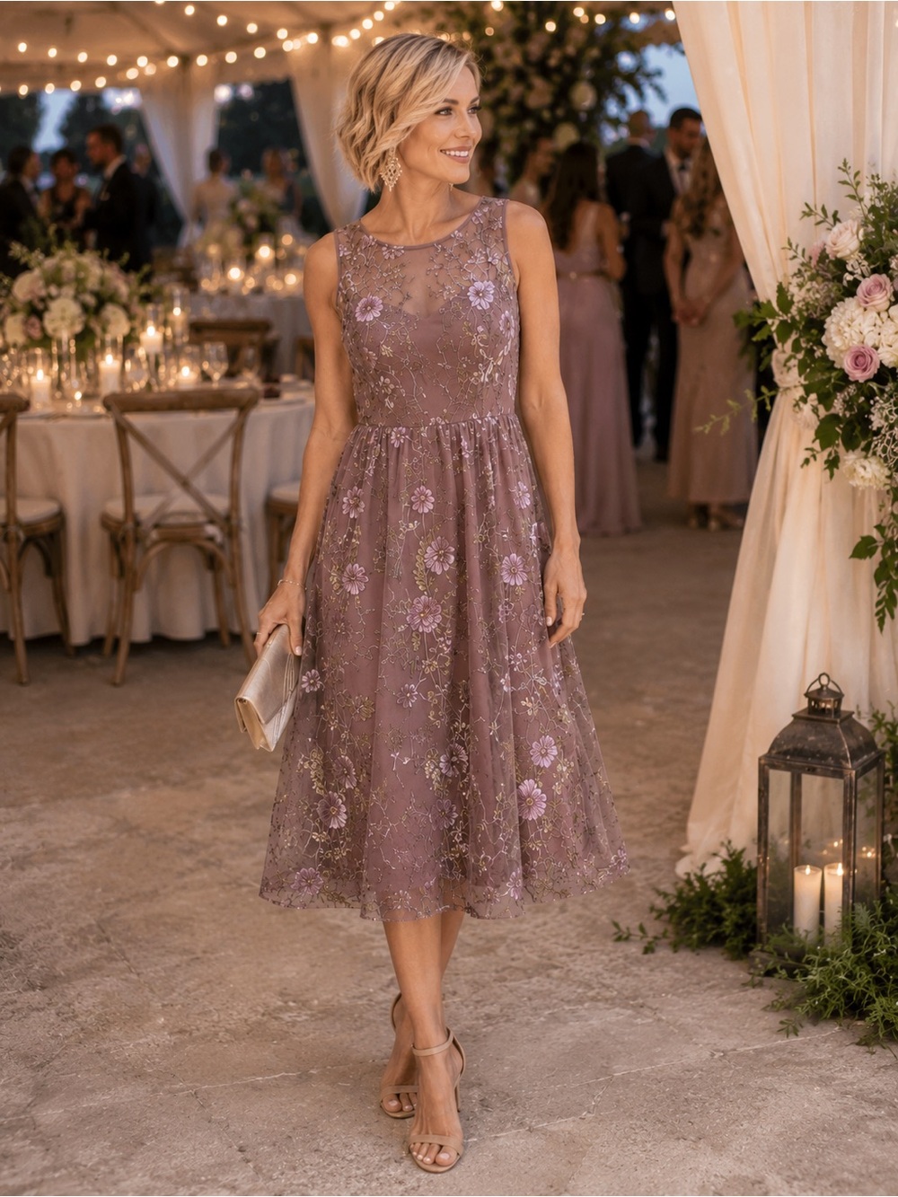 Adrianna Papell Mauve Floral Embroidered Midi Dress Size 8 Wedding Guest